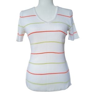 Vintage Holt Renfrew Knit Top White Cotton Ribbed Short Sleeve Women's Size S